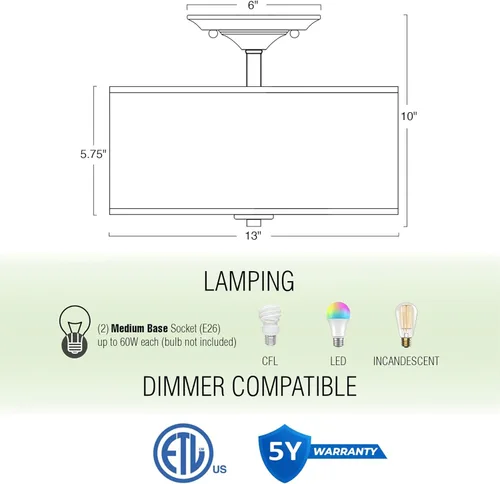 Miniatura 3 de Kira Home Addison - Lámpara de techo de 13 pulgadas con pantalla de tambor de tela blanca rota, 2 luces de techo, acabado de latón frío