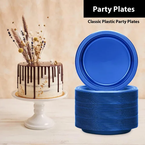 Miniatura 3 de Platos de plástico azul de 9 pulgadas – 50 unidades – Platos redondos de plástico sólido para fiestas, bodas, barbacoas, platos de cumpleaños