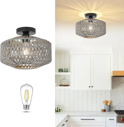 Miniatura 2 de Lámpara bohemia para techo, lámpara de techo de ratán con bombilla LED regulable, mini lámpara de araña tejida a mano para pasillo, dormitorio, Gris