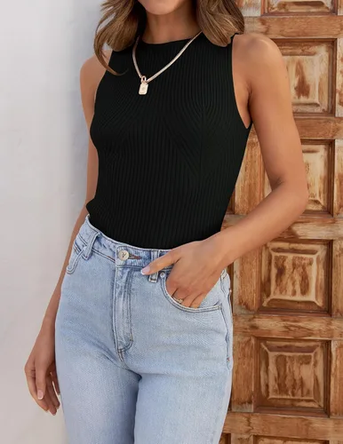 Miniatura 8 de ZESICA Camisetas sin mangas acanaladas para mujer, de verano, sin mangas, cuello alto, casual, ajustadas, básicas, de punto
