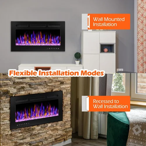 Miniatura 9 de BETELNUT Chimenea eléctrica de 30 pulgadas montada en la pared y empotrada con control remoto, calentador de chimenea de pared ultrafino
