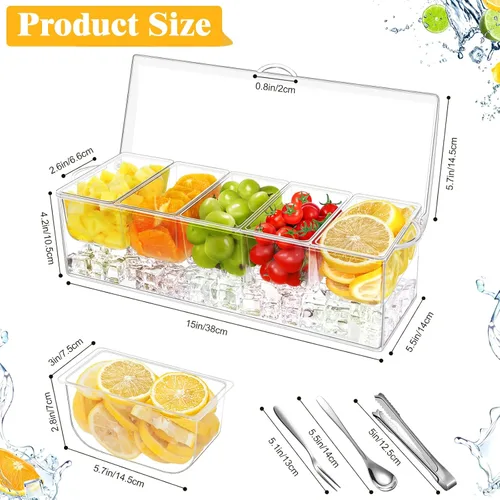 Miniatura 2 de Servidor de condimentos de 5 compartimentos, recipientes de condimentos enfriados con hielo, bandeja transparente para servir condimentos sobre
