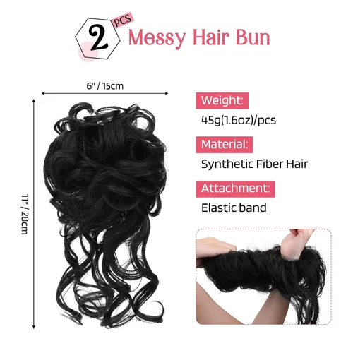 Miniatura 2 de HOOJIH 2 unidades de extensiones de cabello estilo moño despeinado, con cabello ondulado y rizado, para peinados de cola de caballo, color negro