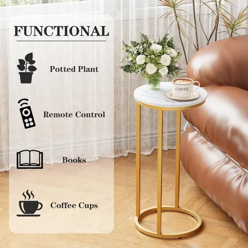 Miniatura 5 de Mesa auxiliar en forma de C, mesa auxiliar redonda de madera para sofá, mesa de sofá pequeña con marco de metal para dormitorio, sala de estar