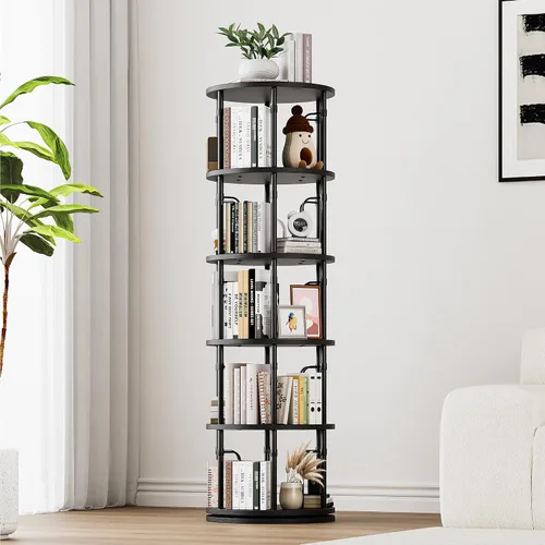 Estantería giratoria de 5 niveles de altura, torre giratoria de 360°, organizador de estante redondo giratorio vertical para espacios pequeños, Negro
