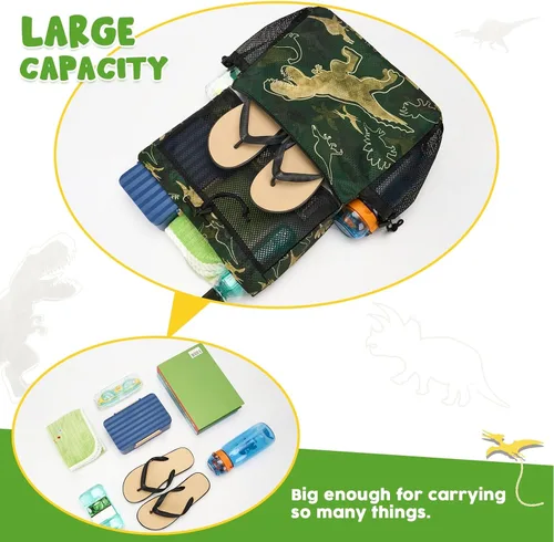 Miniatura 3 de WAWSAM Mochila con cordón para niños - Bolsa de malla con cordón para niños, Dinosaurio verde oscuro, Dinosaurio