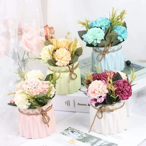 Miniatura 4 de Hortensias falsas con maceta, mini hortensias artificiales en jarrón de cerámica para decoración de escritorio de oficina (azul)