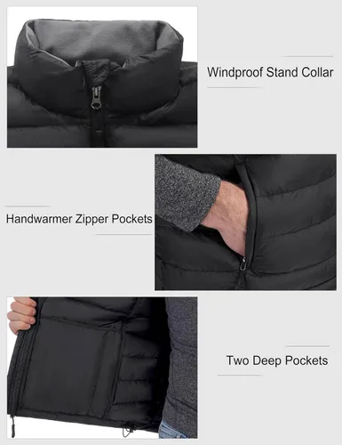 Miniatura 6 de Bakery Chaleco de plumón ligero plegable para hombre, chaleco acolchado con cuello alto, chaleco con cremallera, chaqueta sin mangas