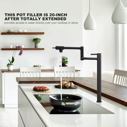 Miniatura 3 de WOWOW Pot Filler Faucet - Grifo de estufa de montaje en cubierta, relleno de olla de latón macizo, negro mate con brazo oscilante elástico de doble