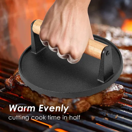 Miniatura 5 de HaSteeL Prensa de parrilla de hierro fundido individual, prensa de hamburguesa de tocino resistente de 7 pulgadas con mango de madera, prensa