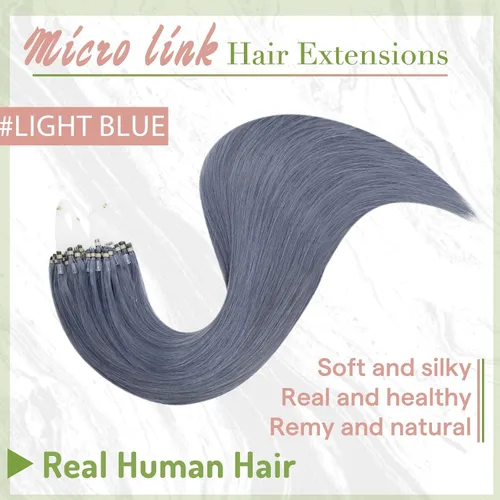Miniatura 3 de RUNATURE Extensiones de cabello humano real con micro cuentas, color azul claro, 16 pulgadas, extensiones de cabello humano Remy de color azul
