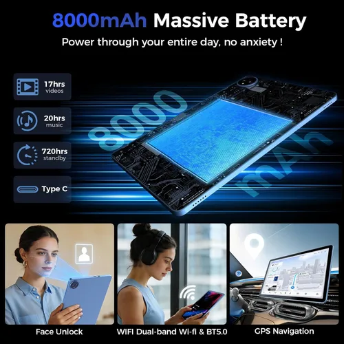 Miniatura 7 de Suicoey Tablet Android 15 de 11 pulgadas 2026 con teclado, 24 GB de RAM + 256 GB de ROM, 2 TB Expand, Octa-core, 8000mAh, 5+13MP, 2.4G y 5G WiFi