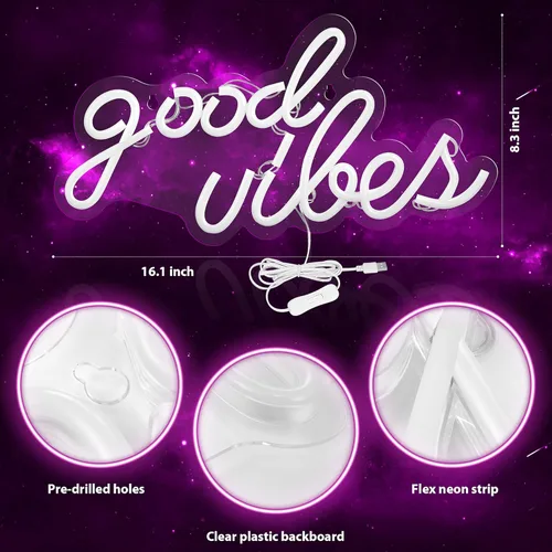 Miniatura 3 de Olekki Letrero de neón Pink Good Vibes – Luces de neón para dormitorio, letreros de neón LED para decoración de pared (16.1 x 8.3 pulgadas)