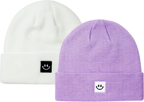 Miniatura 2 de MaxNova Gorro para mujer y hombre, diseño de cara sonriente, gorro de invierno, 2 paquetes