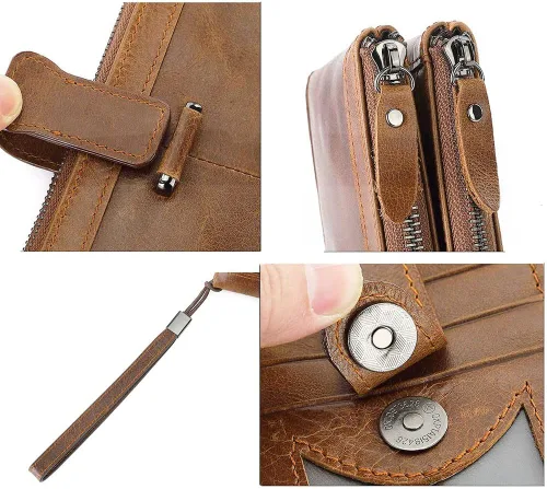 Miniatura 5 de SUMGOGO Cartera de cuero plegable grande y larga para hombre, cartera de mano con bloqueo RFID, tarjetero para hombres y mujeres, Marrón, Clásico