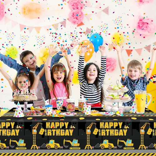 Miniatura 5 de Tatuo Mantel de construcción de feliz cumpleaños, diseño de camión volquete, cubierta de mesa de tractor de plástico impreso, suministros de Negro