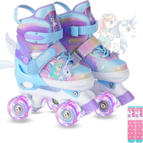 Patines de ruedas para niñas de 3 a 12 años, patines ajustables con luz para niños pequeños, principiantes, unicornio, sirena, arco iris, regalo