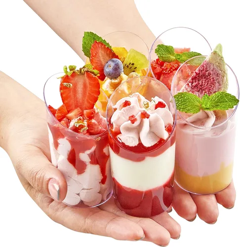Miniatura 5 de TOFLEN Paquete de 100 mini tazas de postre con cucharas, tazas redondas de plástico para postres de 2.2 onzas, tazas inclinadas para aperitivos