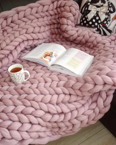 Miniatura 10 de Manta de punto grueso de 50 x 60 pulgadas, manta gigante tejida a mano con hilo 100% de lana merina, hecha a mano para cama, sofá, manta bohemia