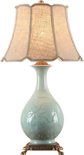 Lámpara de mesa de cerámica de latón completo estilo chino, lámpara de noche con textura de tela, lámparas de noche tradicionales para dormitorio,