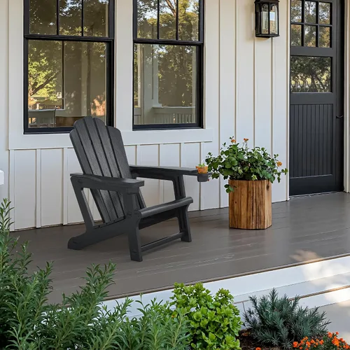 PURPLE LEAF HDPE Adirondack Chair with Cup Holders, Black | All-weather HDPE, wood-textured finish, hidden dual cup holders, 24.6" seat, wider