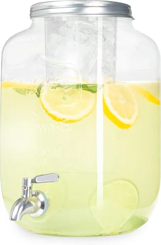 Crutello Dispensador de bebidas de vidrio para exteriores con espita de acero inoxidable y cilindro de hielo, dispensador de bebidas de 2 galones