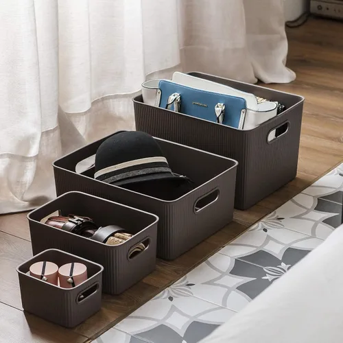 Miniatura 4 de Superio Ribbed Collection – Cesta decorativa de plástico con tapa para el hogar, tamaño XL, color marrón (paquete de 1 – 22 litros), caja apilable