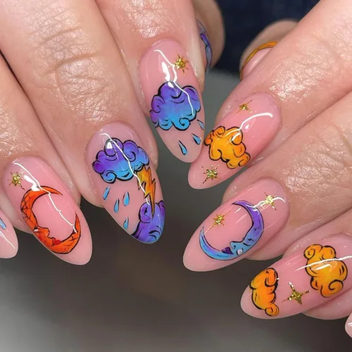 Miniatura 9 de Uñas postizas a presión de color rojo vino brillante, uñas postizas largas de almendra, uñas postizas onduladas doradas irregulares con pegamento