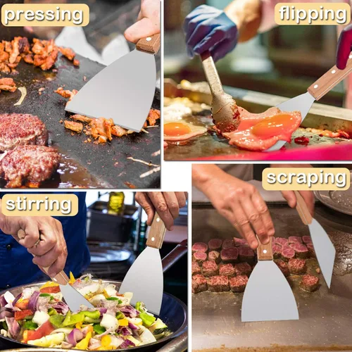 Miniatura 6 de HaSteeL Juego de 2 raspadores de plancha de madera, raspadores de parrilla de metal de acero inoxidable de 9.5 pulgadas para servicio de alimentos