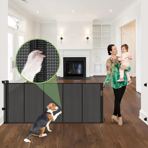 Puerta retráctil reforzada de 96 pulgadas de ancho con varillas de apoyo, puerta retráctil extra larga para perros, puertas exteriores para Negro