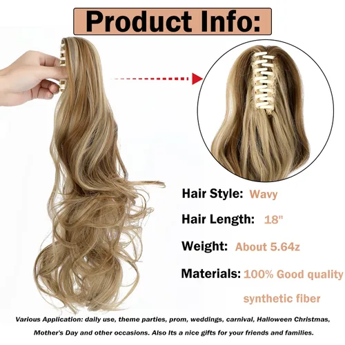 Miniatura 2 de Pinza de Gancho Extensión de Cola de Caballo 18" Extensiones de Cabello Ondulado con Pinza para Cola de Caballo Extensiones de Cola de Caballo Larga