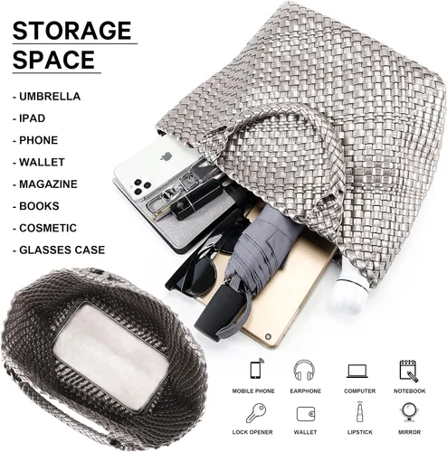 Miniatura 4 de Queenoris Bolso tejido para mujer, bolso de mano de cuero vegano grande para verano, playa, viaje, bolso y bolso retro hecho a mano