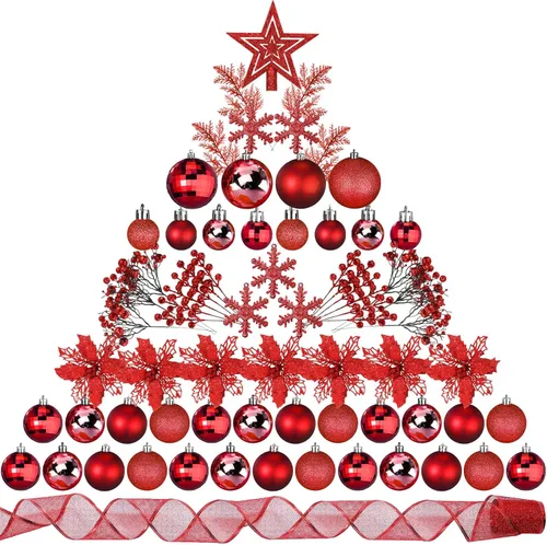 Miniatura 11 de Sratte 94 piezas de adornos para árbol de Navidad, adornos de bolas de Navidad con purpurina, flores de nochebuena, decoraciones con bayas Azul