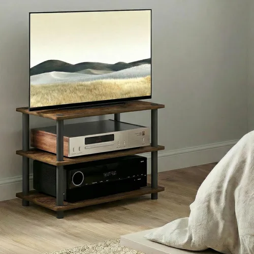 Miniatura 4 de Furinno Turn-N-Tube Soporte de TV, centro de entretenimiento de esquina de 3 niveles con estantes abiertos, consola de TV sin herramientas para TV