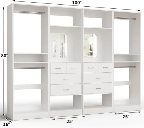 Miniatura 7 de Unikito Sistema de armario de 100" con cajones, organizador de armario de madera de 8.3 pies con barras colgantes y diseño de espejo, perchero