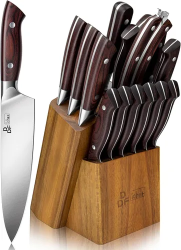 DDF iohEF Juego de cuchillos de cocina, juego de 16 piezas para cocina con bloque, juego de cuchillos de acero inoxidable japonés con afilador,