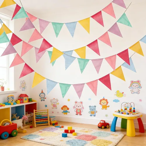 Miniatura 7 de ToBeIT Banderas triangulares colgantes de arpillera de imitación de tela multicolor triángulo banderines para fiestas y festivales colgantes