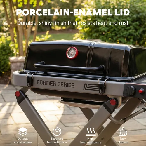 Miniatura 8 de Feasto Parrilla plegable de gas propano con tapa esmaltada de porcelana para cocinar al aire libre, ruedas grandes todo terreno para un fácil