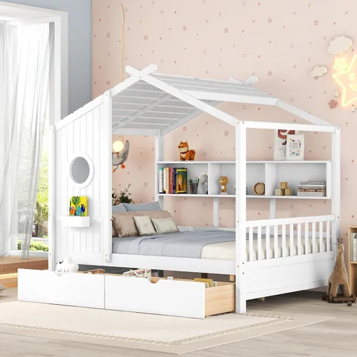 Miniatura 10 de MERITLINE Montessori - Cama de casa de tamaño individual con 2 cajones y estantes de almacenamiento, marco de cama de madera para niños, tienda