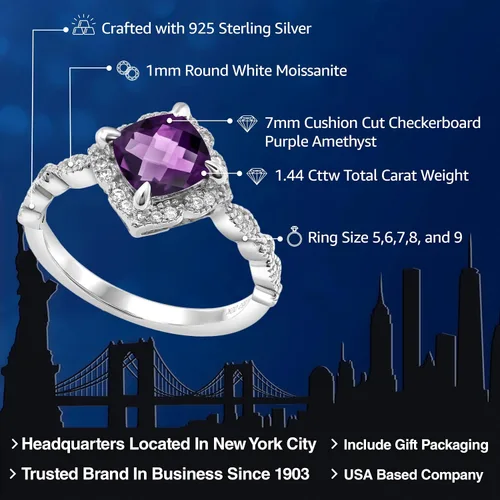 Miniatura 41 de Gem Stone King Anillo de compromiso solitario de moissanita blanca con piedra natal de corte cojín de 0.276 in para mujer, plata de ley 925