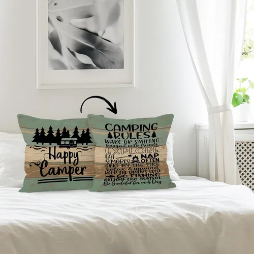 Miniatura 4 de Funda de almohada reversible con tablero de madera rústica Happy Camper, regalos para mujeres y hombres, funda de almohada con reglas de campamento
