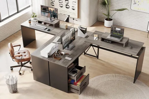 Miniatura 4 de Bestier Escritorio de pie en forma de L con parte superior elevadora, escritorio esquinero de pie de 55 x 55 pulgadas para oficina en casa