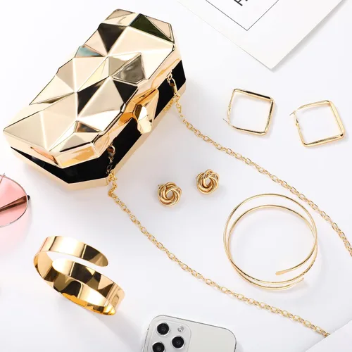 Miniatura 2 de 5 piezas de bolso de mano para mujer, monederos de noche de graduación, bolso metálico para banquete de boda, juego de joyas retro