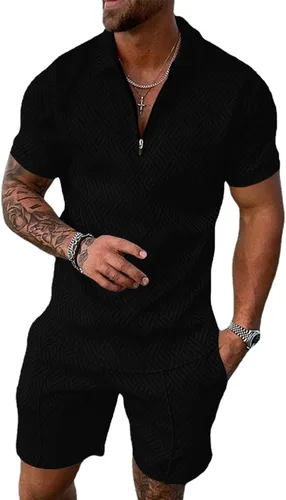 Aulemen Conjunto deportivo de 2 piezas con cremallera para hombre, manga corta, camiseta polo y pantalones cortos, conjuntos de verano para hombre