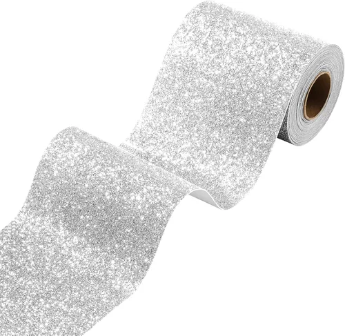Stickyart Papel tapiz plateado con borde autoadhesivo para pared, despegar y pegar, tela con purpurina extraíble, borde decorativo para dormitorio,