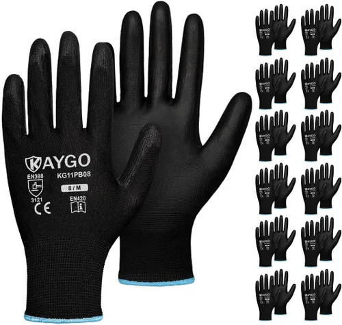 Miniatura 75 de KAYGO KG11PB - Guantes de seguridad con revestimiento delgado de poliuretano, tejido sin costuras, agarre suave en palma y dedos, para trabajo Verde