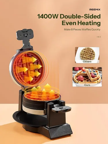 Miniatura 4 de Máquina para hacer gofres, plancha redonda clásica belga para gofres con diseño giratorio de 180°, placas antiadherentes y mango de tacto frío
