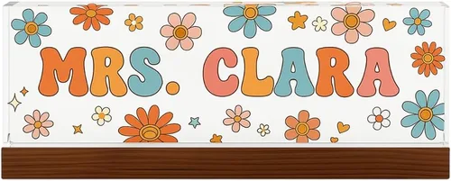 Placa de nombre personalizada para escritorio para profesores, placa de nombre de acrílico personalizada para maestros con base de madera, letrero