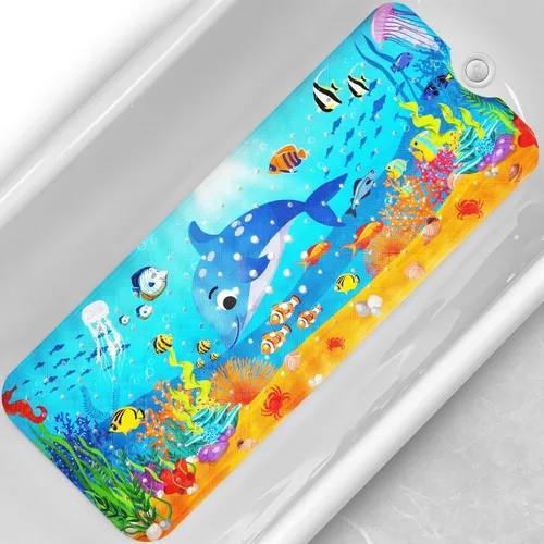 Tapete de baño para bebé, 40 x 16 pulgadas, extra grande, alfombrillas antideslizantes para bañera y ducha con dibujos animados para niños, con