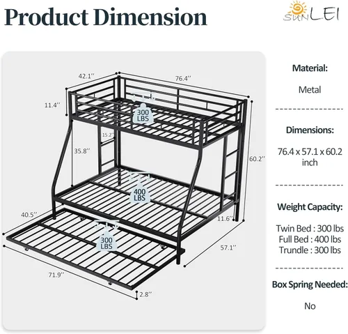 Miniatura 8 de SUNLEI Literas de Metal con Escaleras Doblemente Aseguradas, Litera Individual sobre Completa con Barandillas de Seguridad Circundantes, Camas